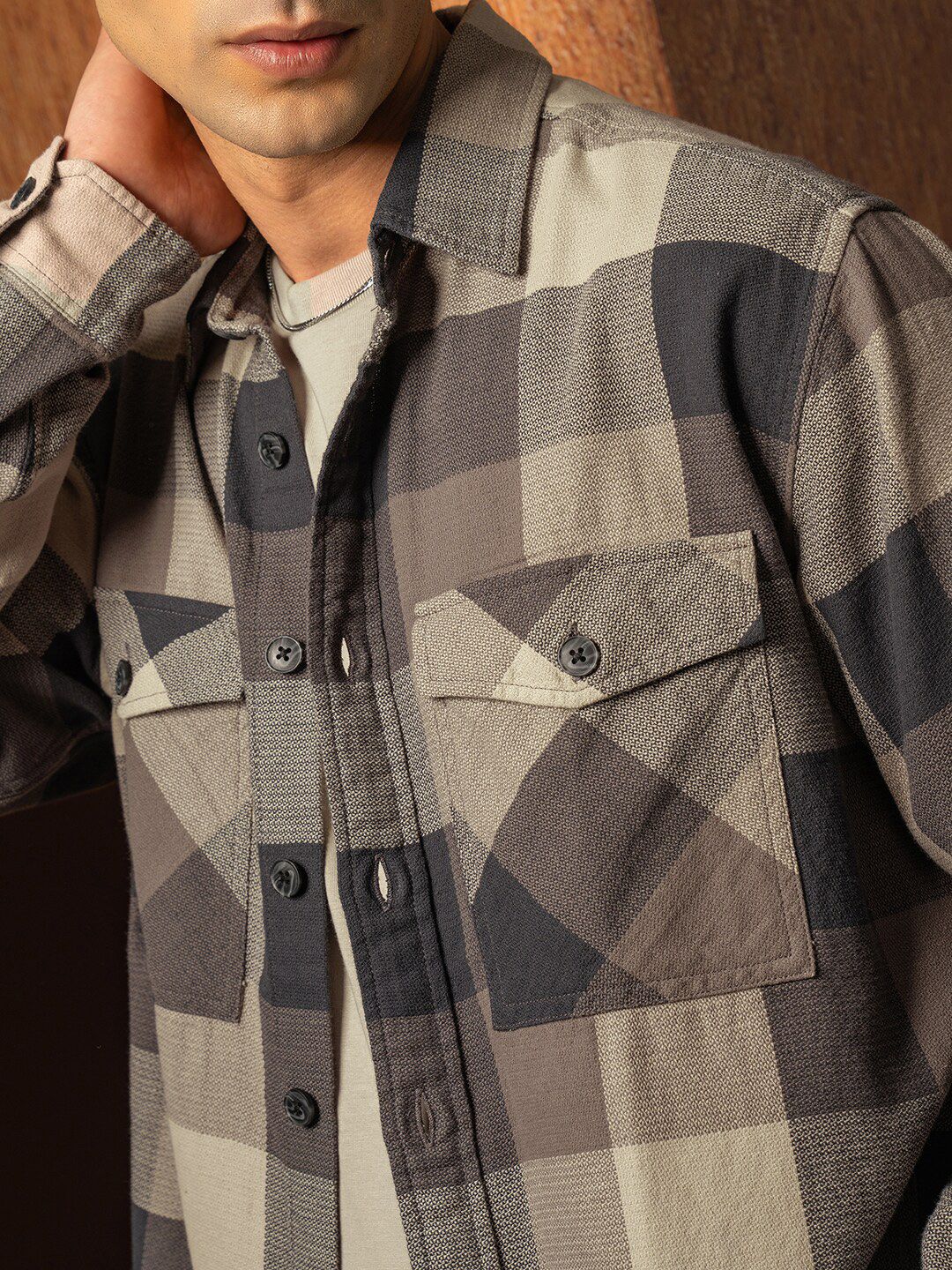 LOCOMOTIVE Premium Oversized Dobby Textured Checked Utility Pocket Overshirt