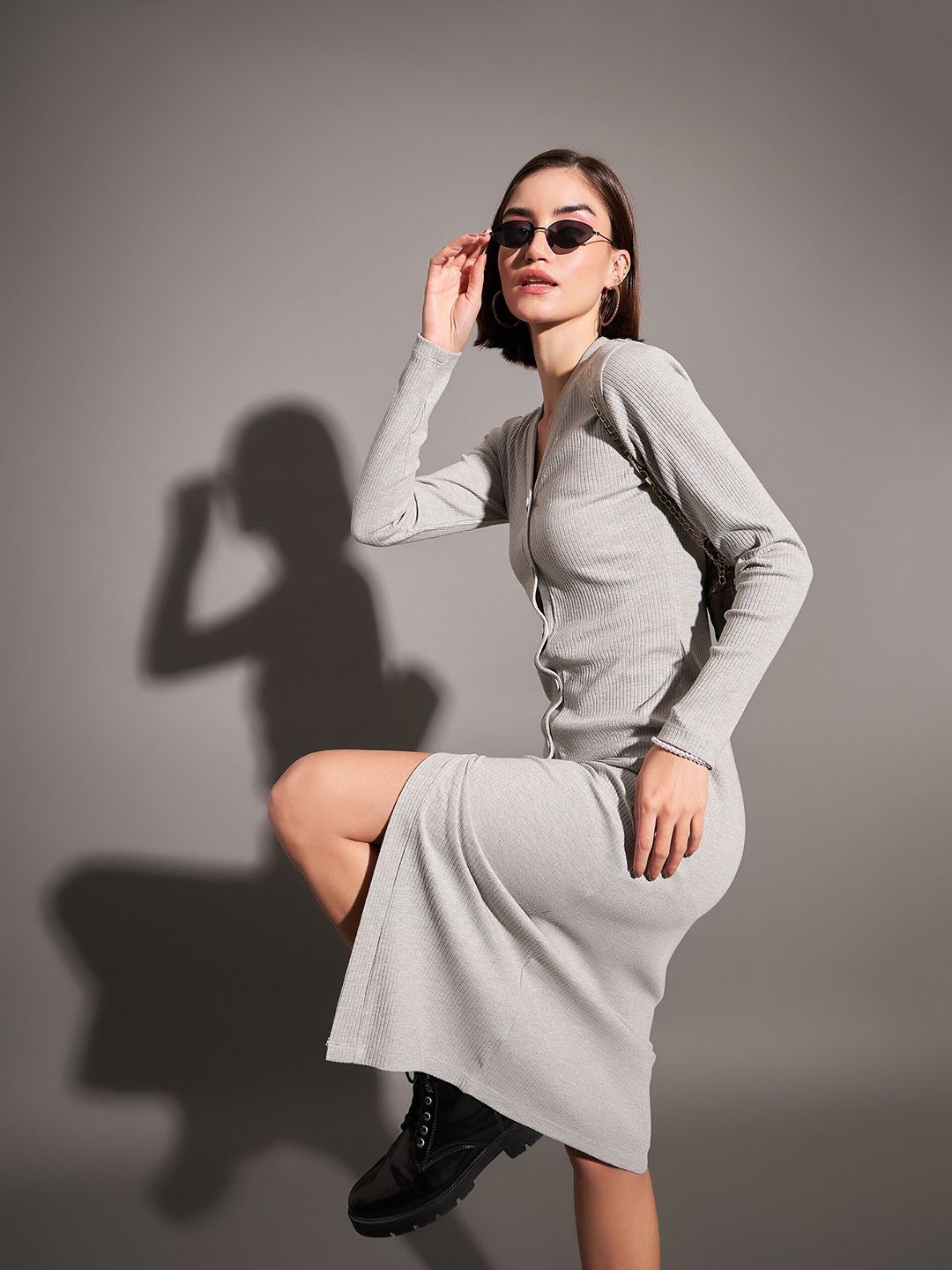 SASSAFRAS Ribbed V-Neck Sheath Midi Dress
