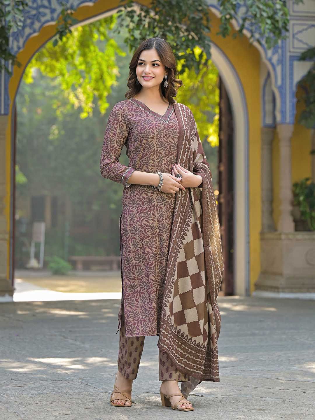 KALINI Floral Printed V Neck Gotta Patti Straight Kurta With Trousers & Dupatta