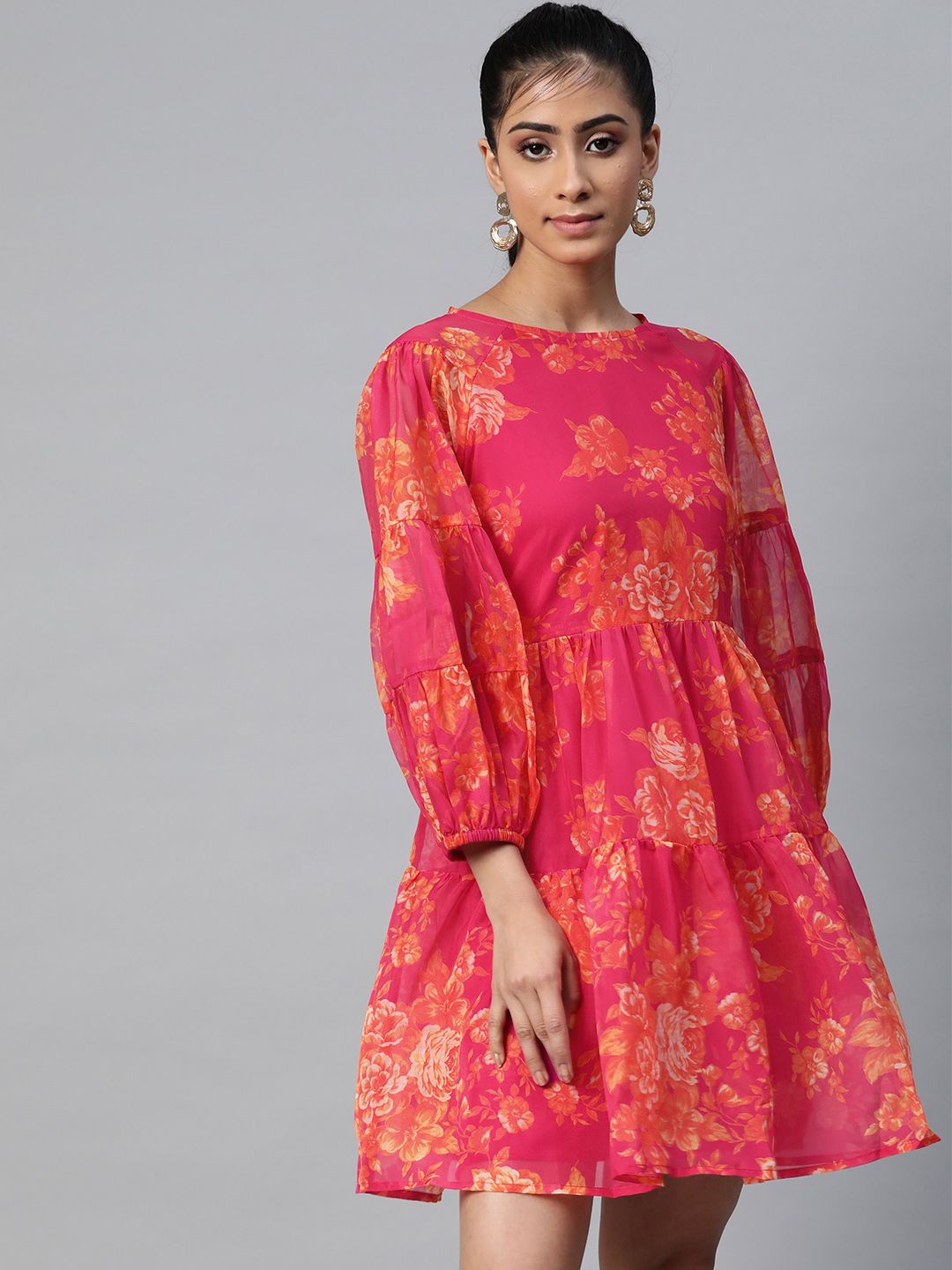 SASSAFRAS Pink & Orange Floral Printed Tiered A-Line Dress With Puff Sleeves