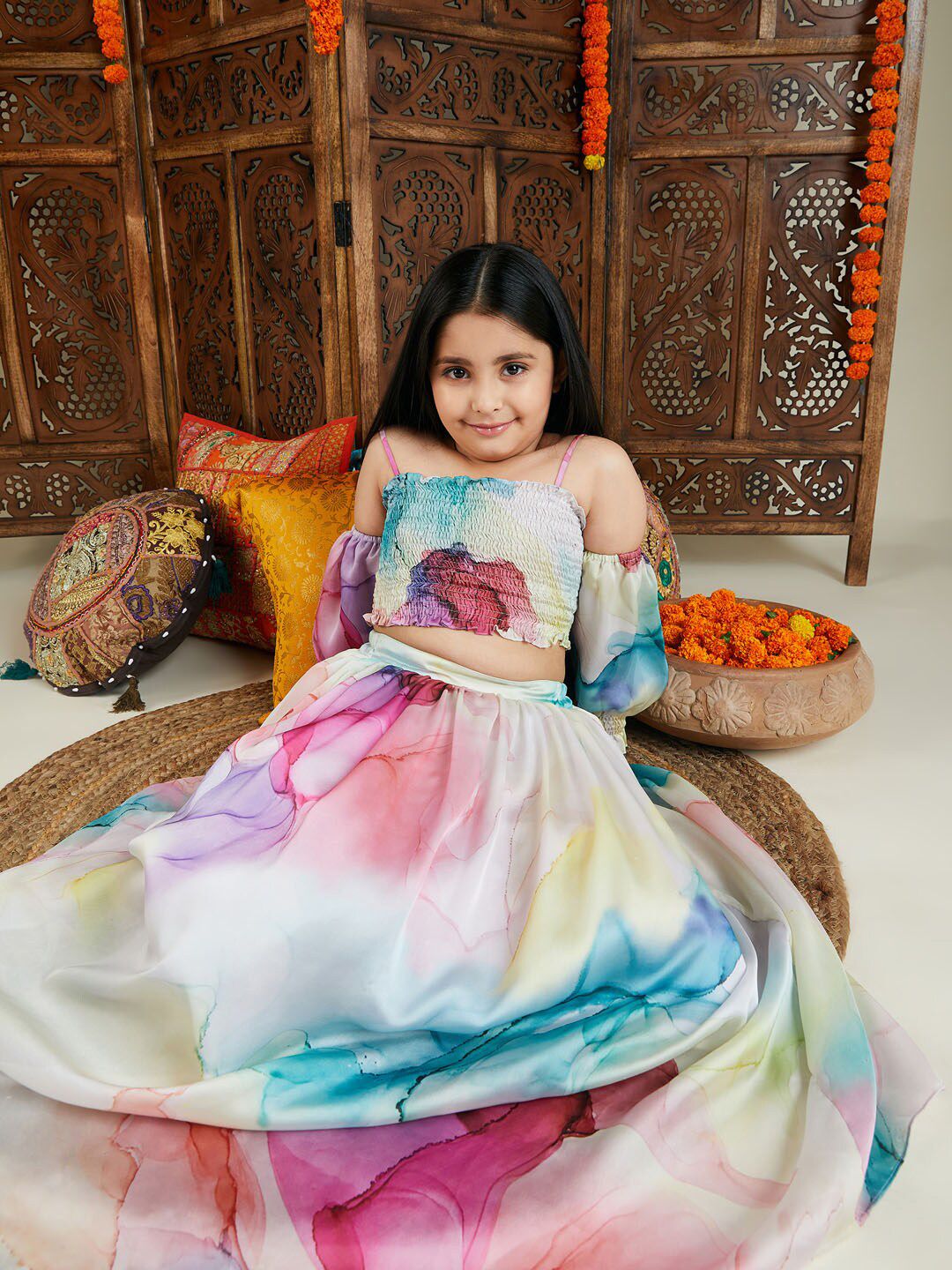VASTRAMAY Girls Printed Satin Ready To Wear Lehenga Choli