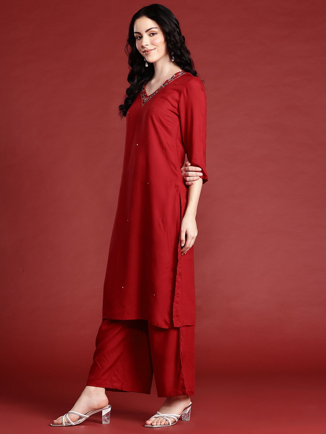 Anouk Embellished Mirror Work Kurta With Palazzos & With Dupatta
