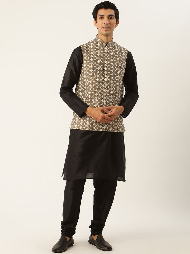 SOJANYA Men Black & Olive Green Solid Kurta with Churidar & Embroidered Nehru Jacket