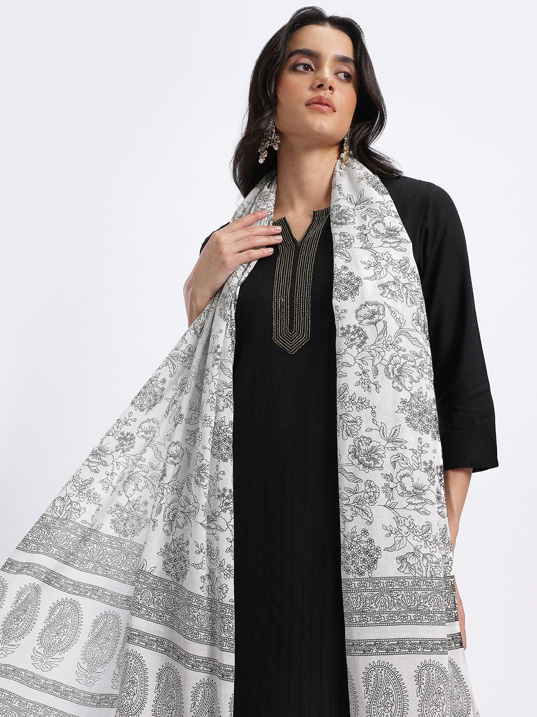Anouk Yoke Design Panelled Kurta with Floral Printed Palazzos & Dupatta