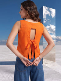 Mamicha Women Orange Slub Woven Keyhole Back Tie-Up Sleeveless Top