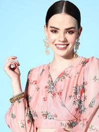 Shae by SASSAFRAS Women Peach-Coloured & Red Printed Ready to Wear Lehenga Choli