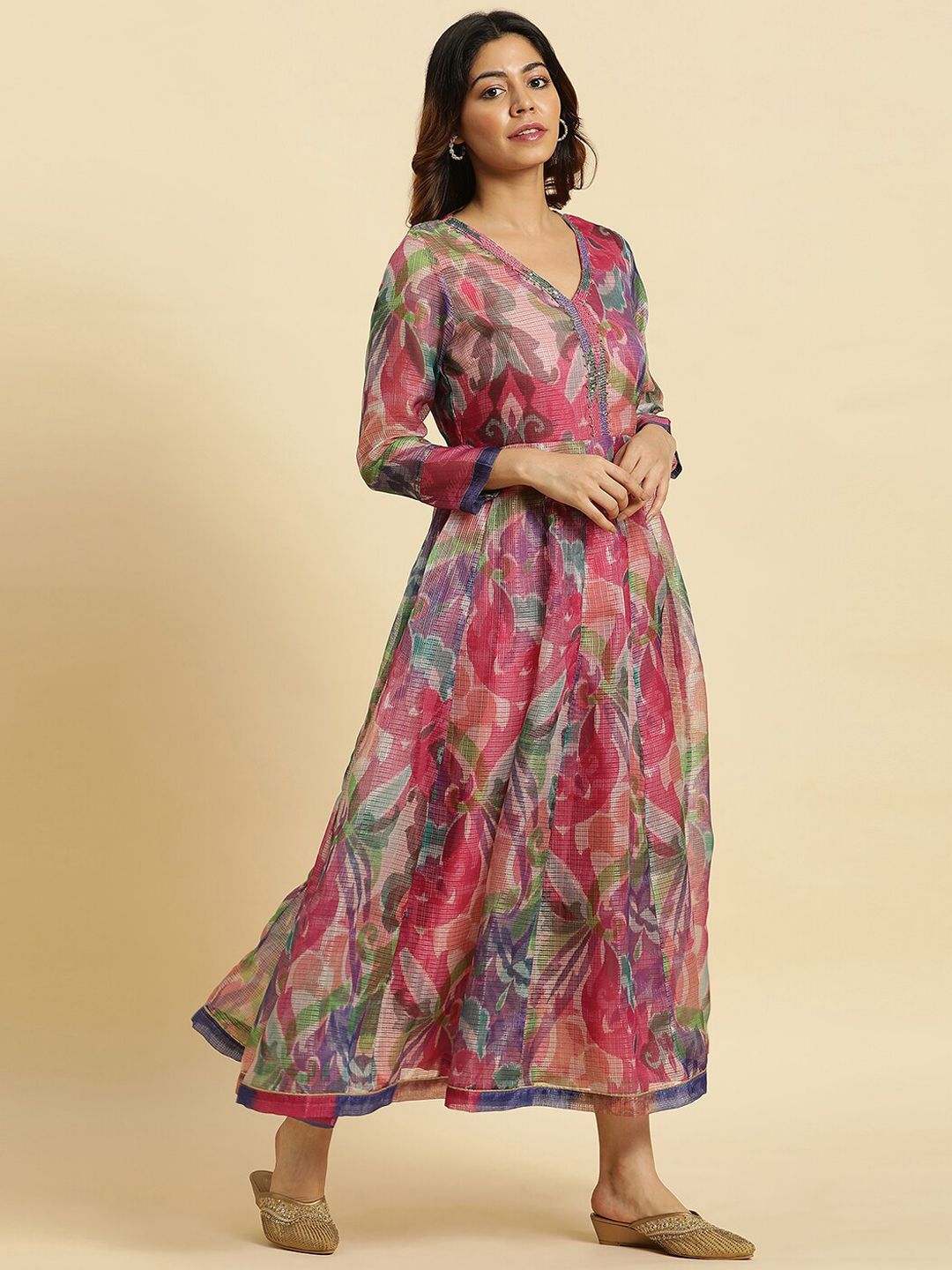 W Pink & Green Abstract Printed Fit & Flare Ethnic Dress