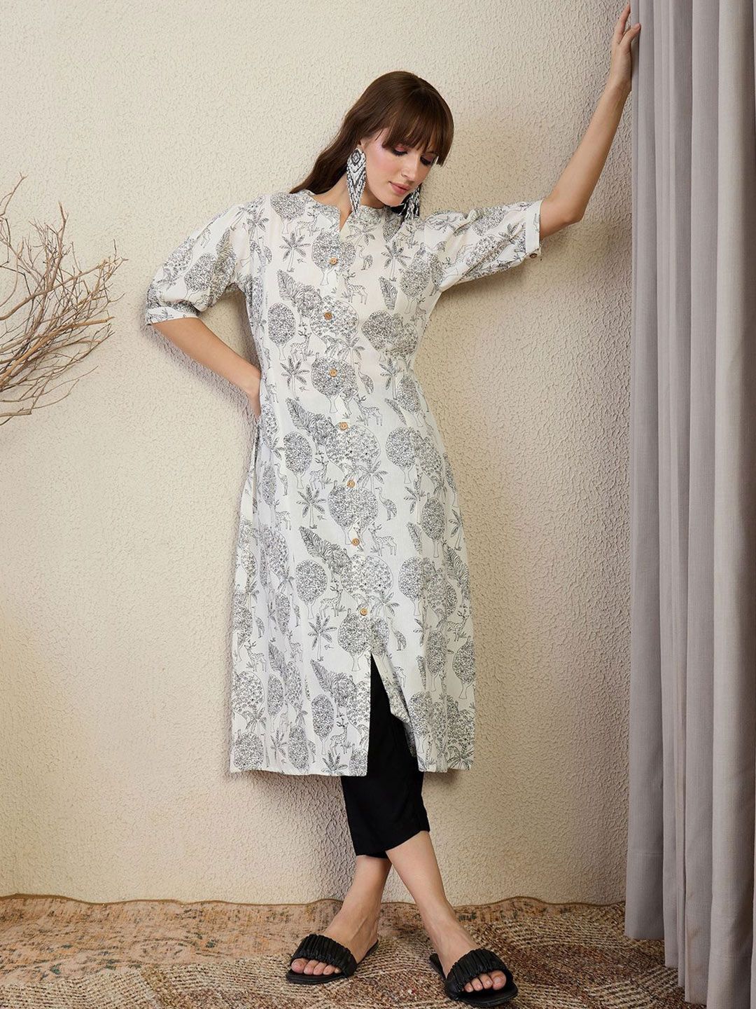 Indo Era Floral Printed Round Neck A-Line Kurta