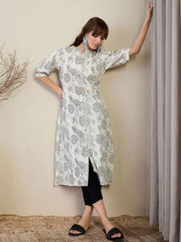 Indo Era Floral Printed Round Neck A-Line Kurta