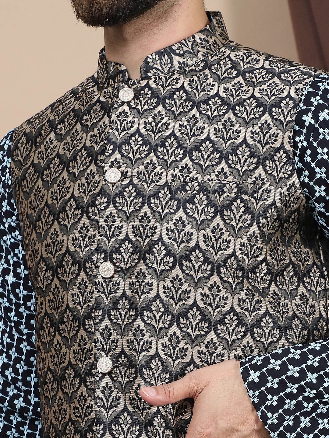Anouk Geometric Embroidered Regular Cotton Straight Kurta With Churidar & Nehru Jacket