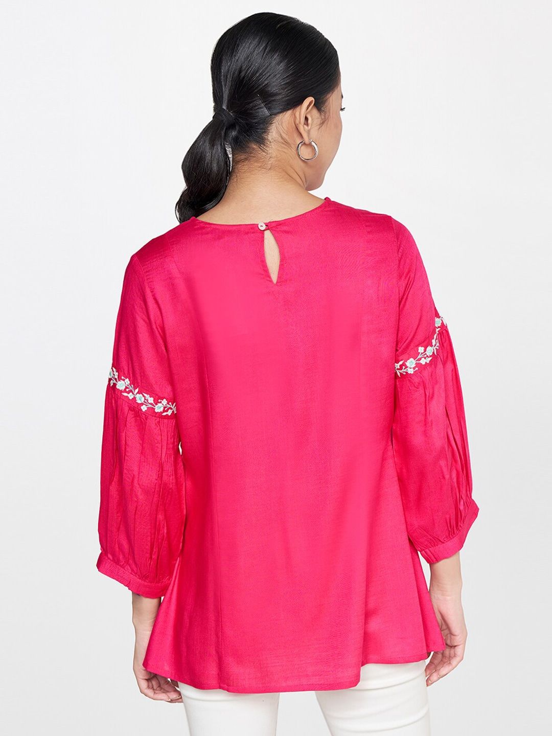 Global Desi Floral Embroidered Puff Sleeves Top