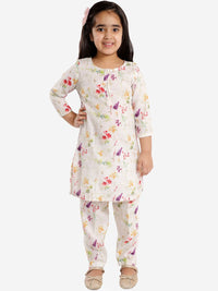 VASTRAMAY Girls Cream-Coloured Floral Printed Linen Kurta and Pant