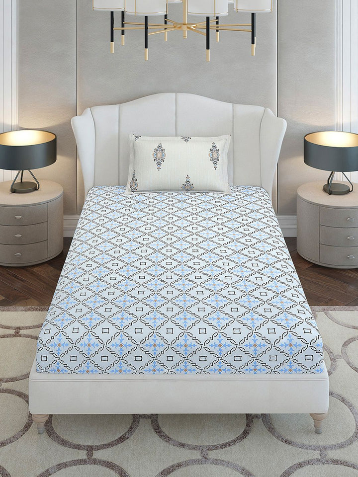 Monte Carlo Grey & White Printed Cotton 144 TC Single Bedsheet Set 2.29 m x 1.52 m
