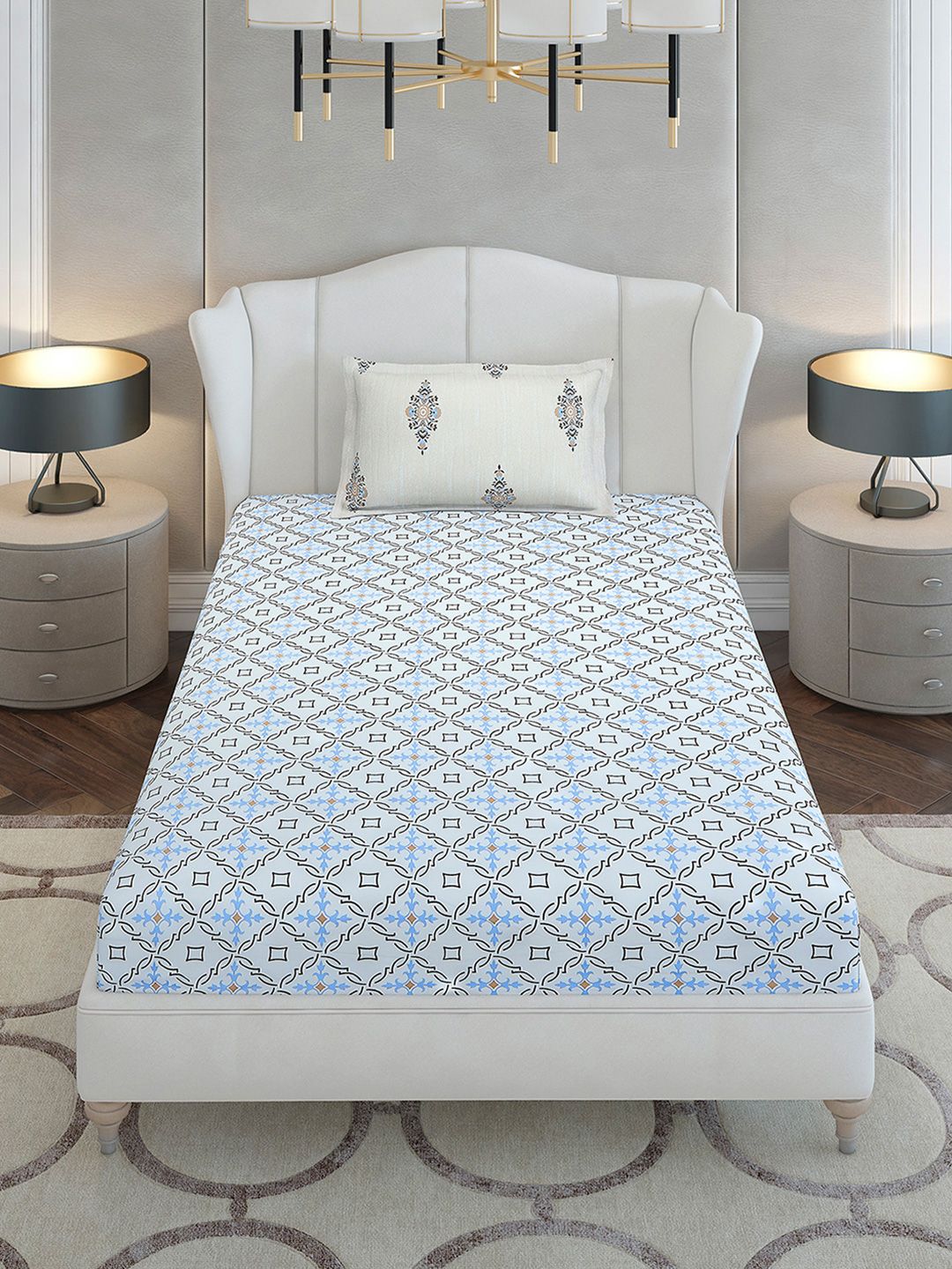 Monte Carlo Grey & White Printed Cotton 144 TC Single Bedsheet Set 2.29 m x 1.52 m