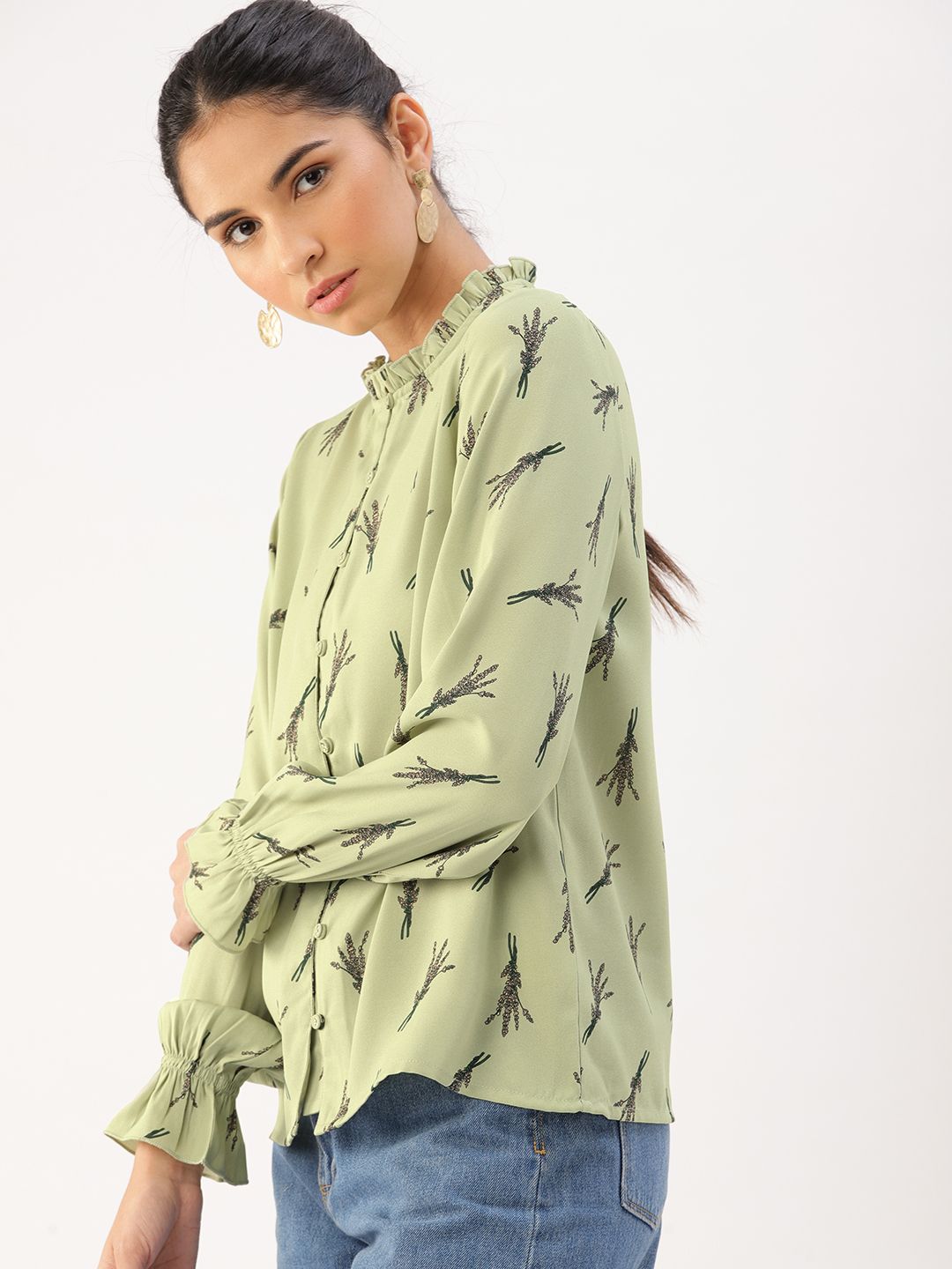 DressBerry Olive Green Floral Shirt Style Top