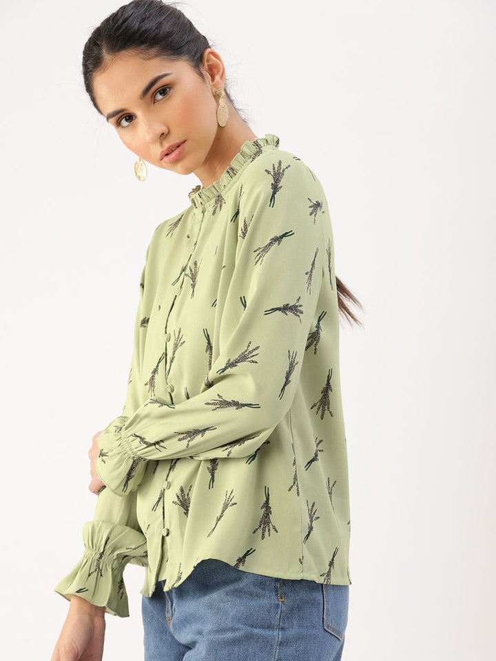 DressBerry Olive Green Floral Shirt Style Top