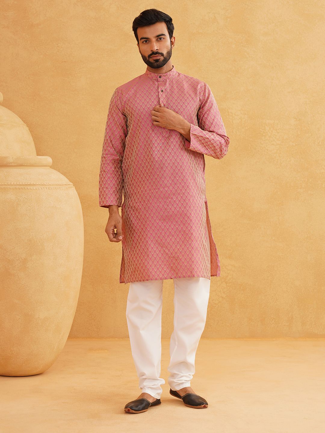 SOJANYA Ethnic Motif Woven Design Mandarin Collar Straight Kurta With Churidar