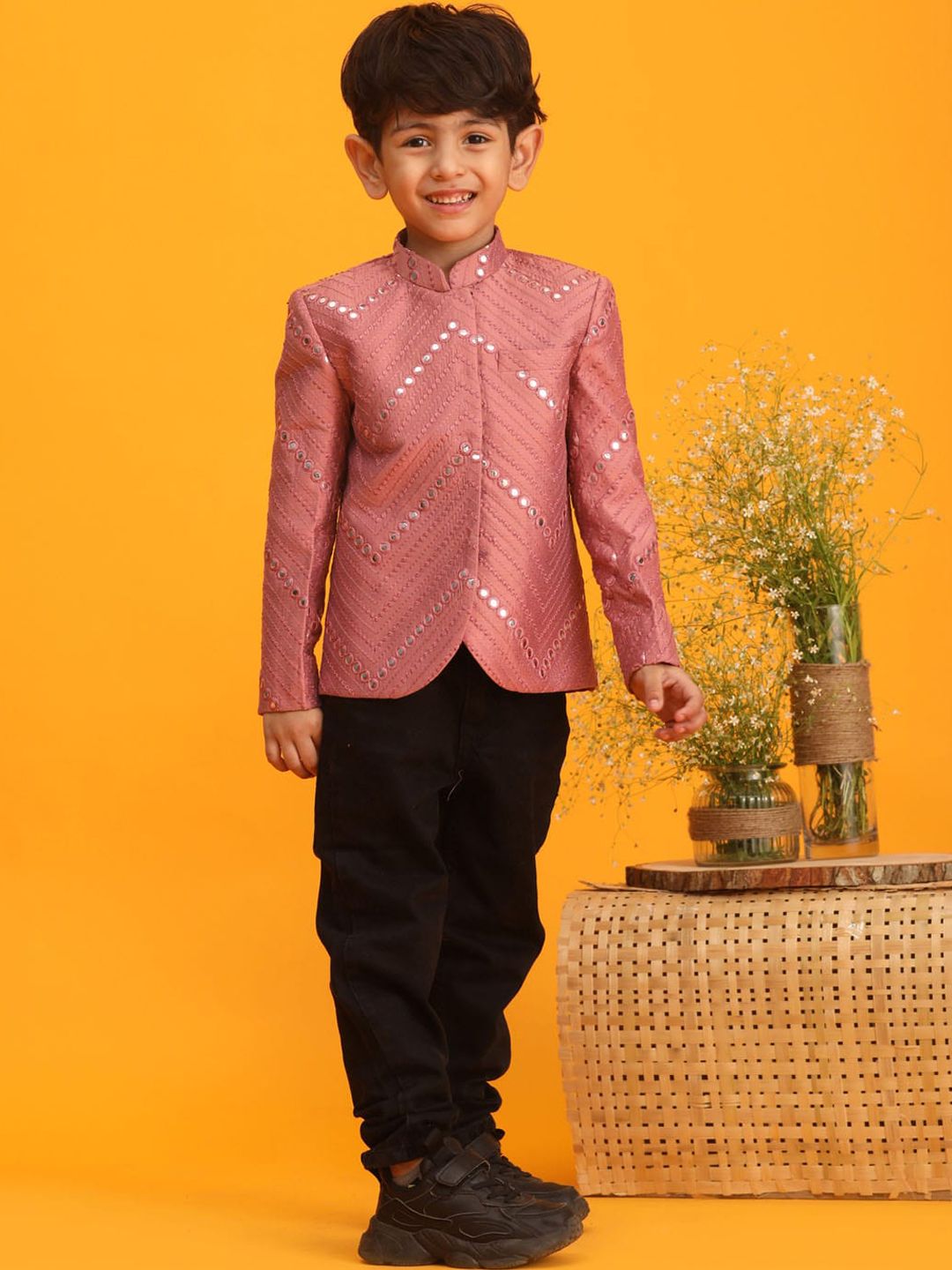 VASTRAMAY Boys Mirror Work Embroidered Slim-Fit Bandhgala Ethnic Blazer