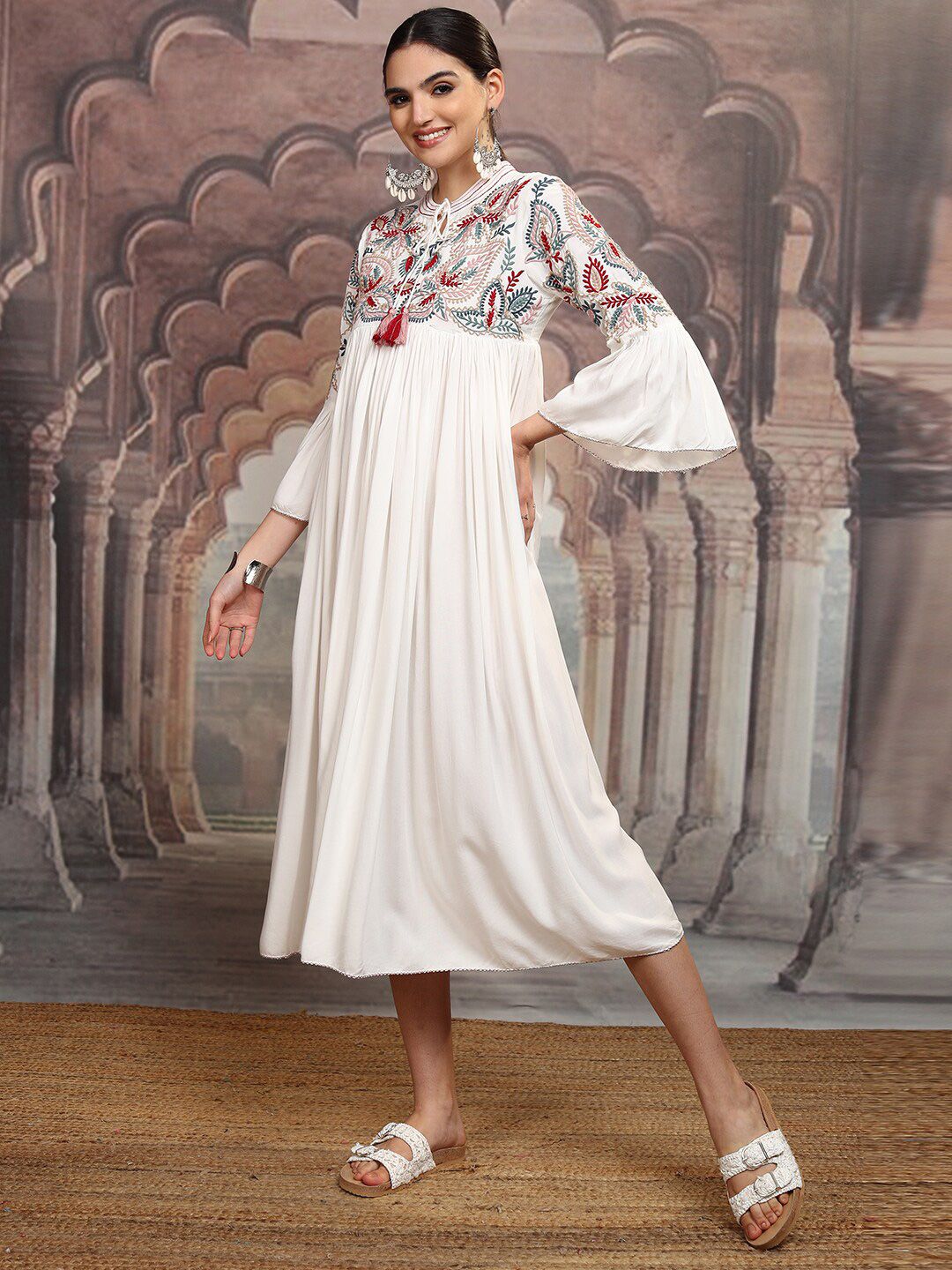 Vishudh White Floral Embroidered Tie-Up Neck Flared Sleeves Velvet A-Line Midi Dress