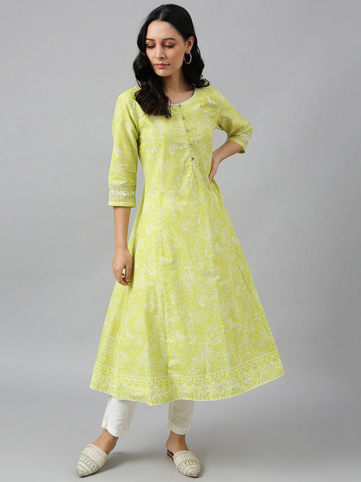 W Women Yellow Floral Printed Anarkali Kurta