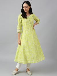W Women Yellow Floral Printed Anarkali Kurta