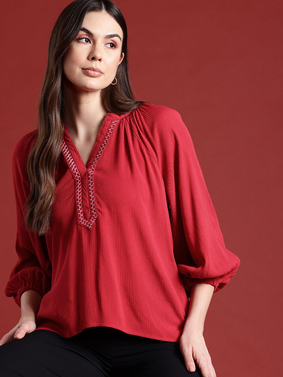 all about you Mandarin Collar Raglan Puffed Sleeves Embroidered Detail Top