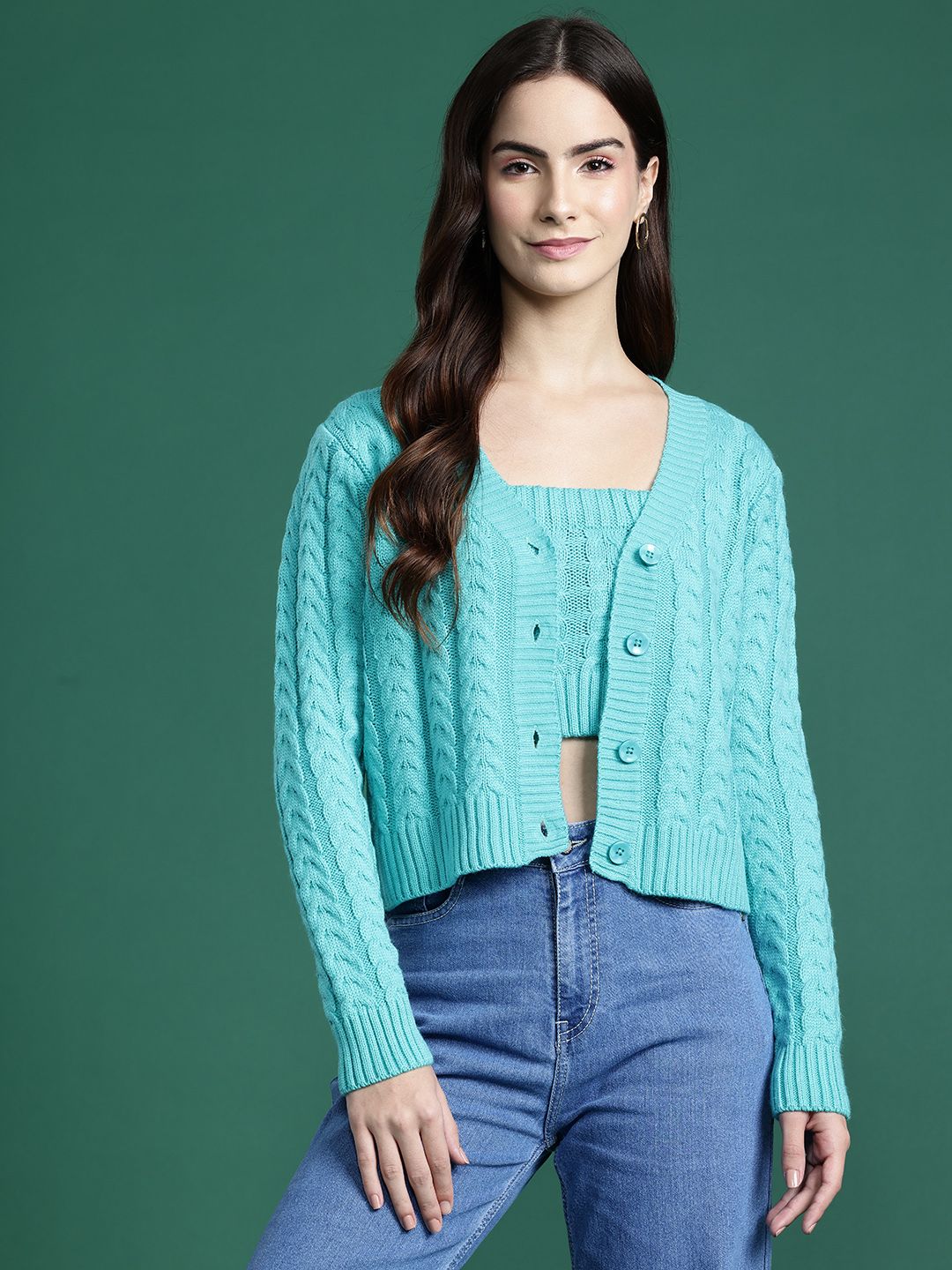 DressBerry Cable Knit Cardigan with Knitted Inner Crop Top