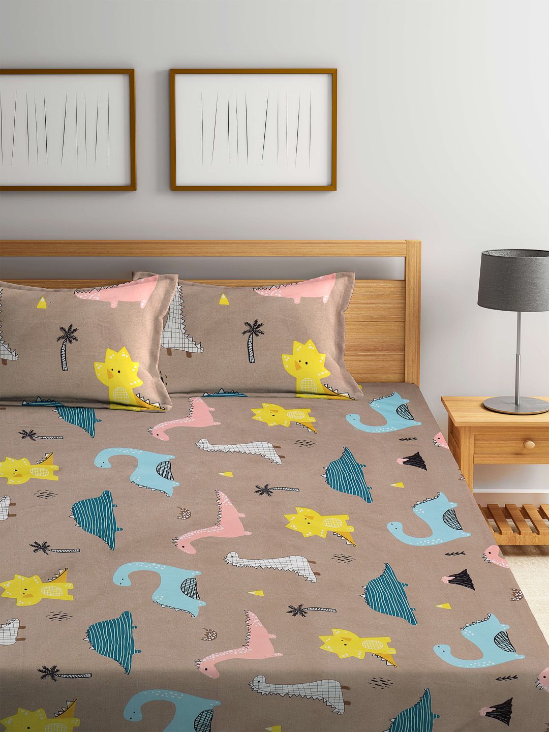KLOTTHE Grey Cartoon Characters Polycotton 300 TC Fitted King Fine Bedsheet with 2 Pillow Covers-98 x 87 inches