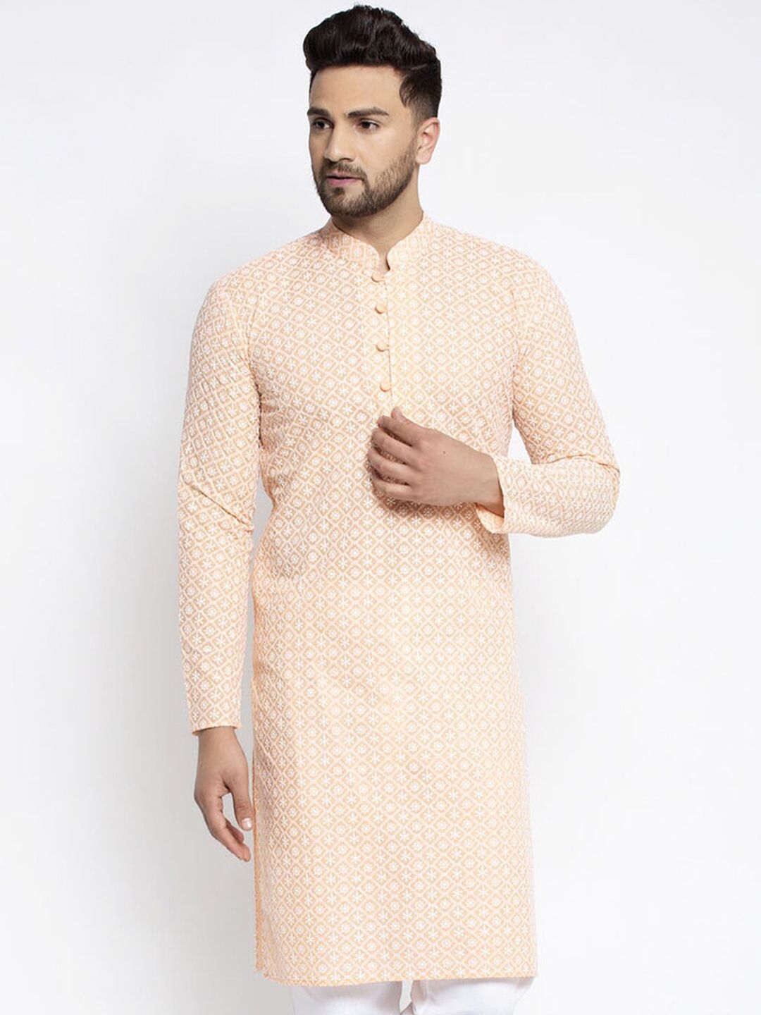 Jompers Men Orange Woven Design Straight Kurta