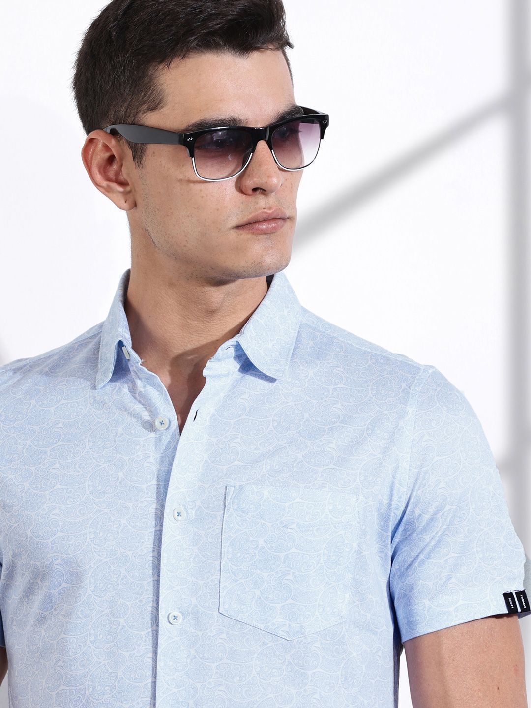 Thomas Scott Men Classic Slim Fit Spread Collar Ethnic Motifs Printed Cotton Knitted Shirt