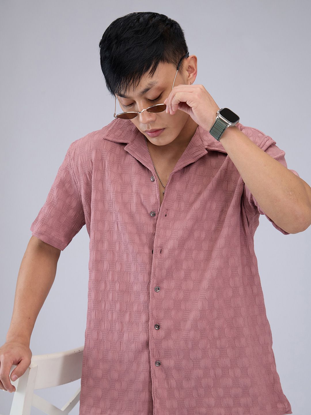 VASTRADO Men Classic Cuban Collar Textured Oversized Casual Shirt
