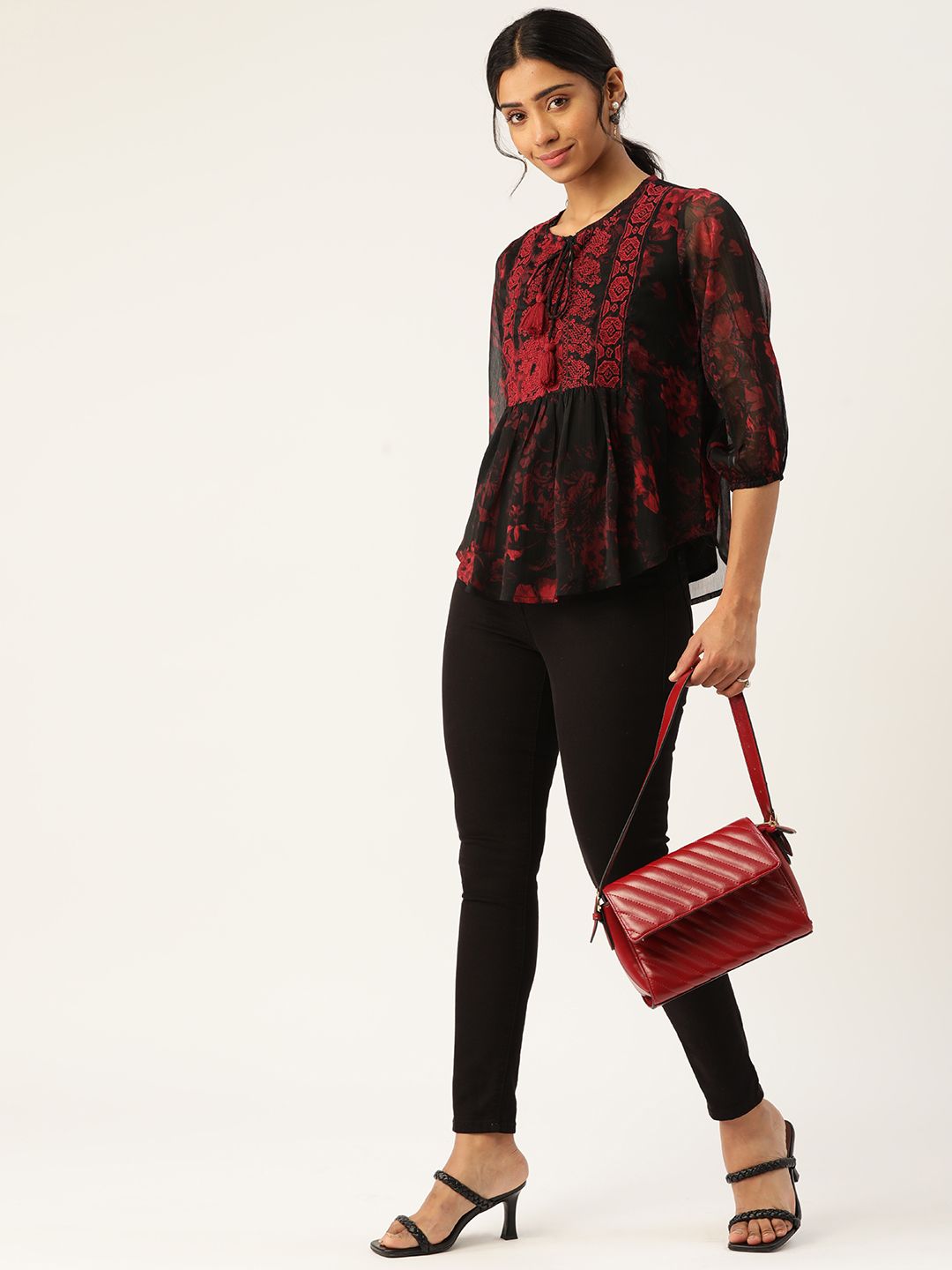 Antheaa Women Black & Red Floral Print Tie-Up Neck Top