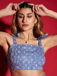 SASSAFRAS Blue Printed Crop Top With Trousers Co-Ords