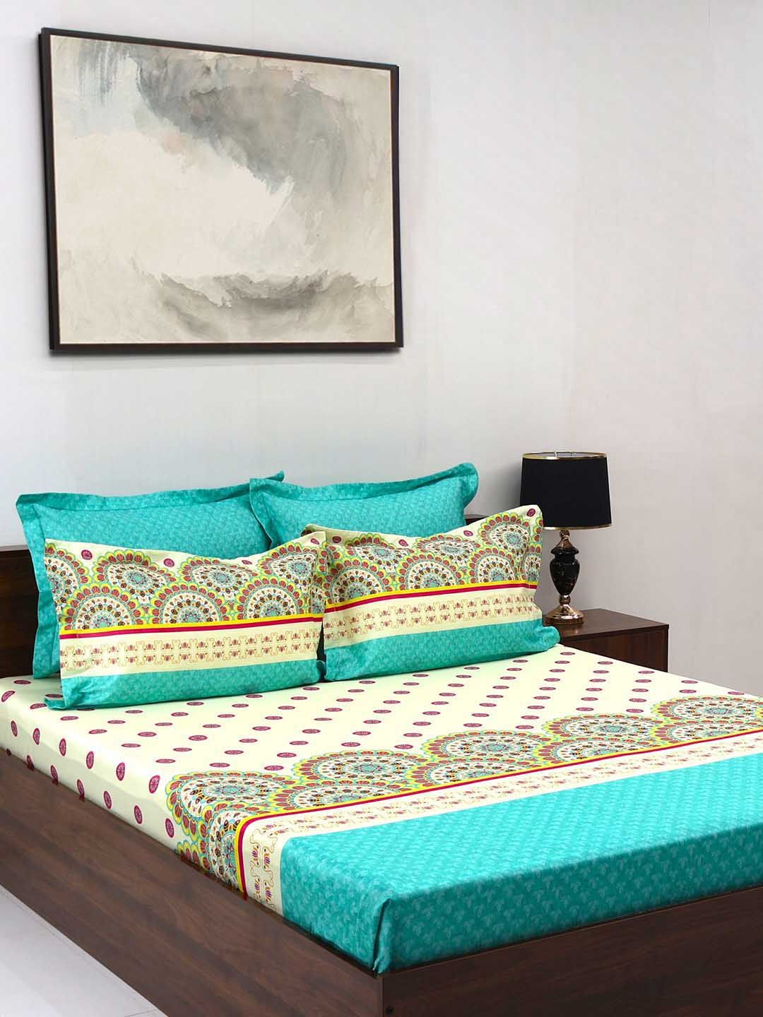 BOMBAY DYEING Celebrating India SeaGreen Print 300TC Cotton King Bedsheet & 4 Pillow Cover