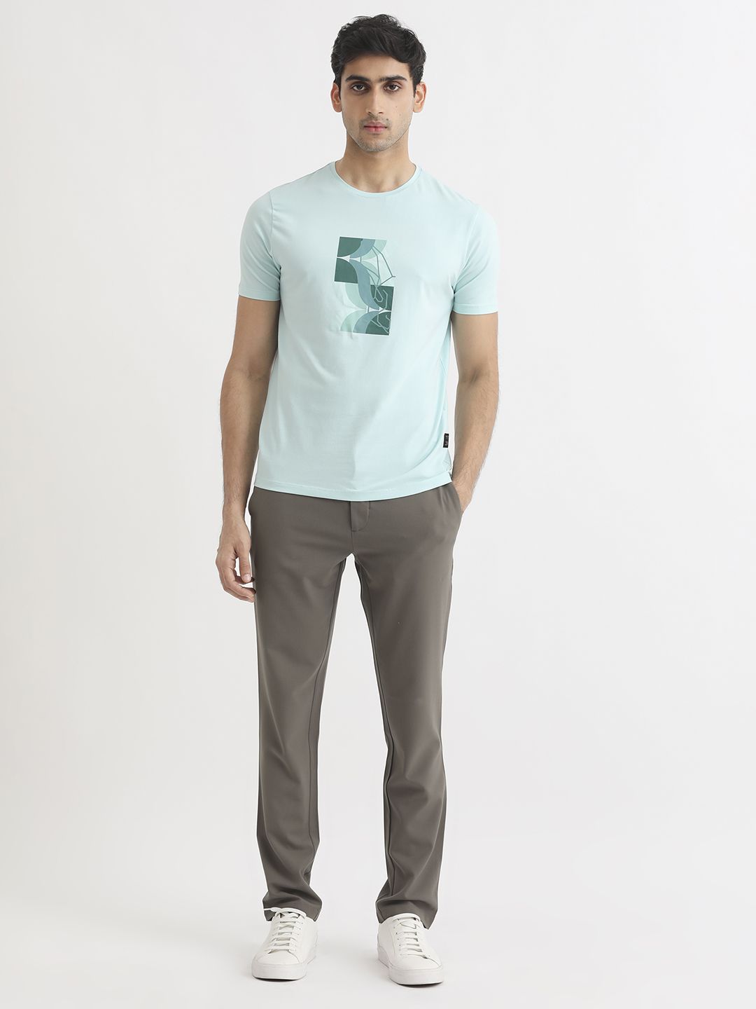 RARE RABBIT Men Cerulean Graphic Printed Slim Fit Cotton T-Shirt