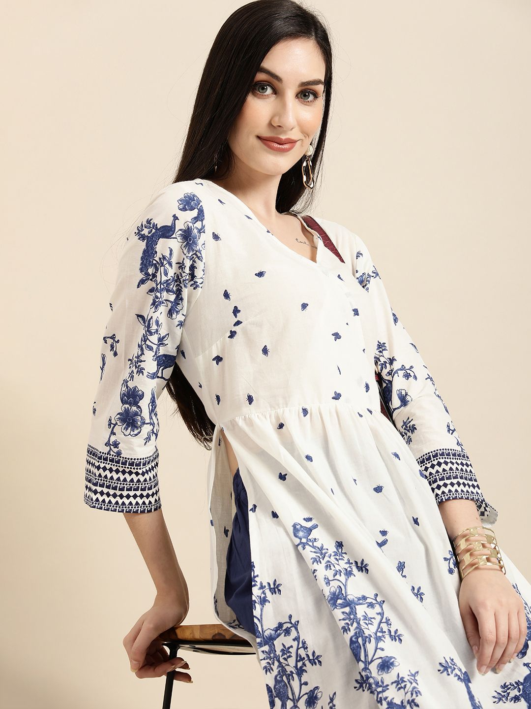 Anouk Women White Ethnic Motifs Printed Pleated Pure Cotton Kurta with Trousers