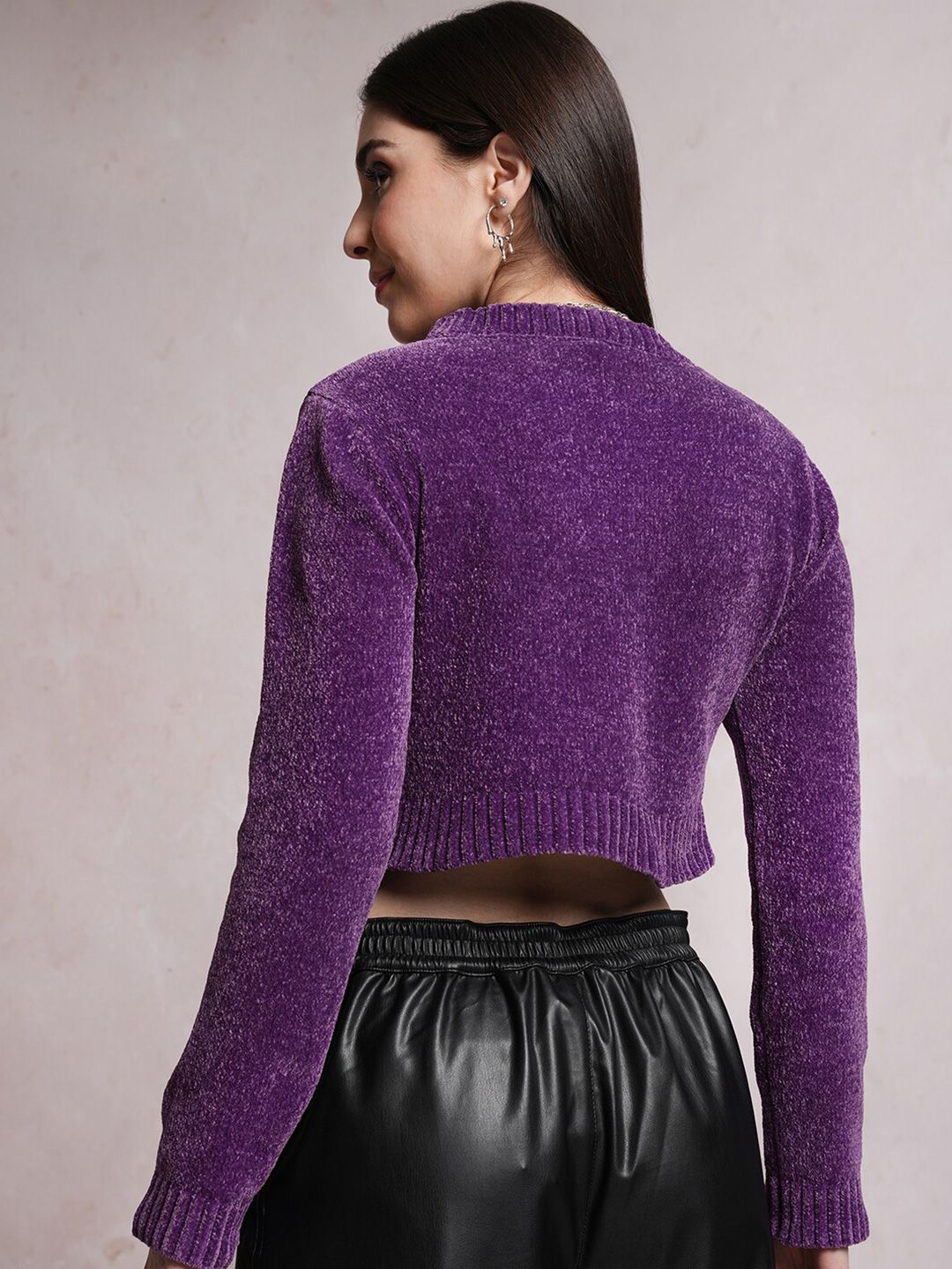 Tokyo Talkies Purple Round Neck Crop Pullover
