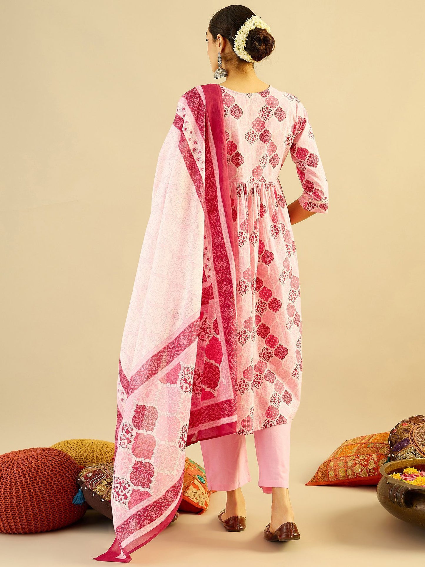 Indo Era Ethnic Motifs Printed Mirror Work Pure Cotton Kurta with Trouser And Dupatta