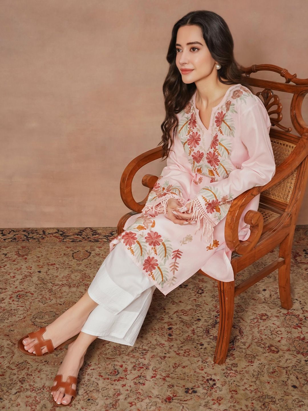 HOUSE OF KARI Floral Printed Thread Work Cotton Straight Kurta
