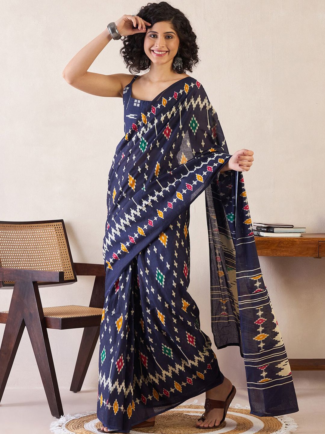 Saree mall Ethnic Motifs Poly Cotton Ready to Wear Ikat Sarees