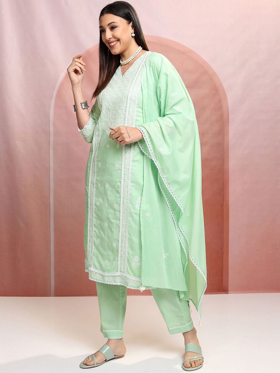 Vishudh Floral Embroidered Pure Cotton Straight Kurta with Trousers & With Dupatta