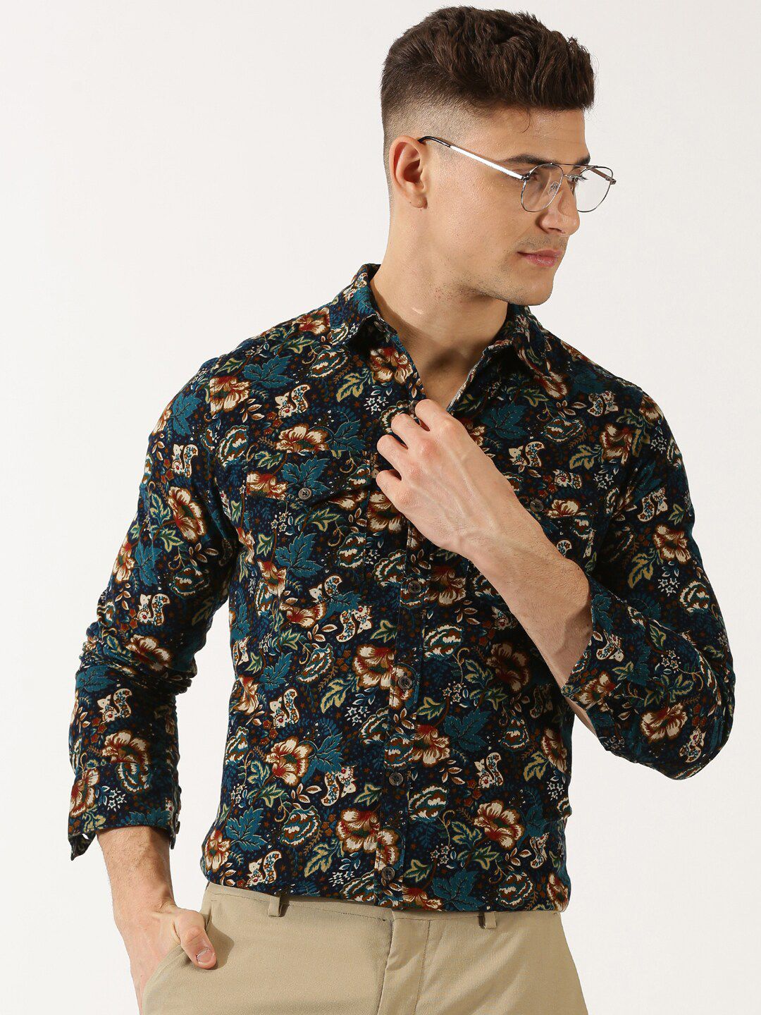 Thomas Scott Classic Slim Fit Corduroy Floral Printed Pure Cotton Semiformal Shirt