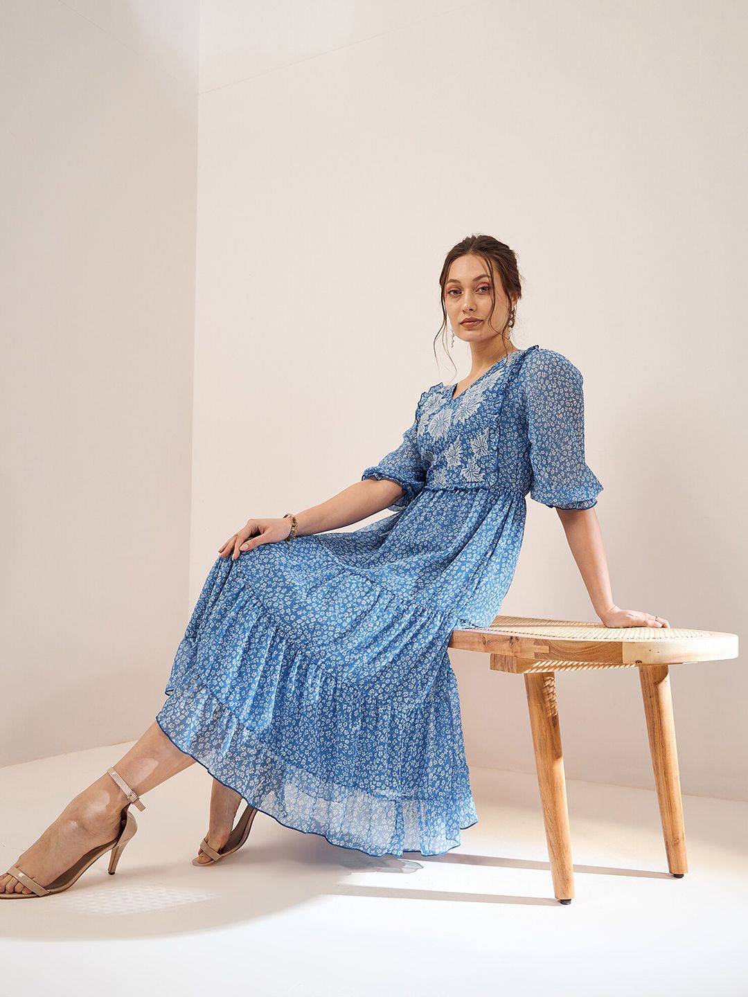Antheaa Floral Printed Embroidered Puff Sleeve Chiffon Fit & Flare Tiered Midi Dress