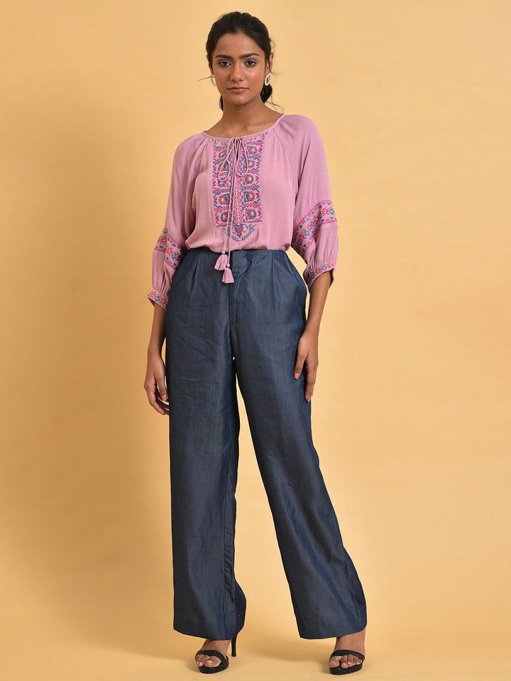 W Pure Cotton Print Tie-Up Neck Top