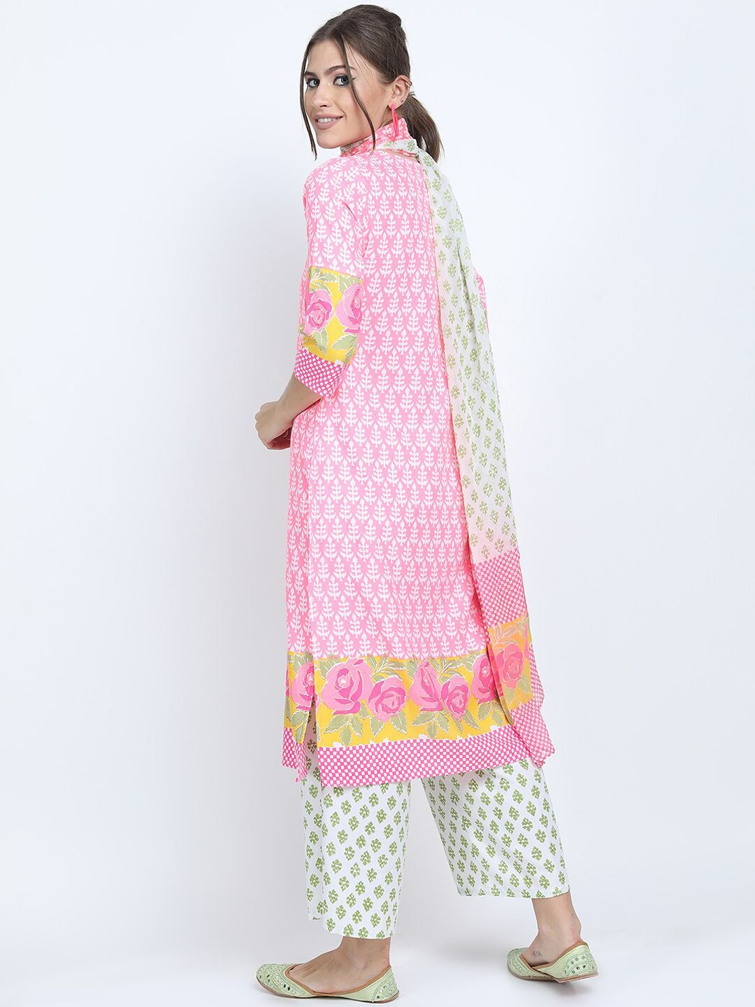 Vishudh Women Pink Floral Yoke Design Cotton Blend Kurta Palazzo With Dupatta