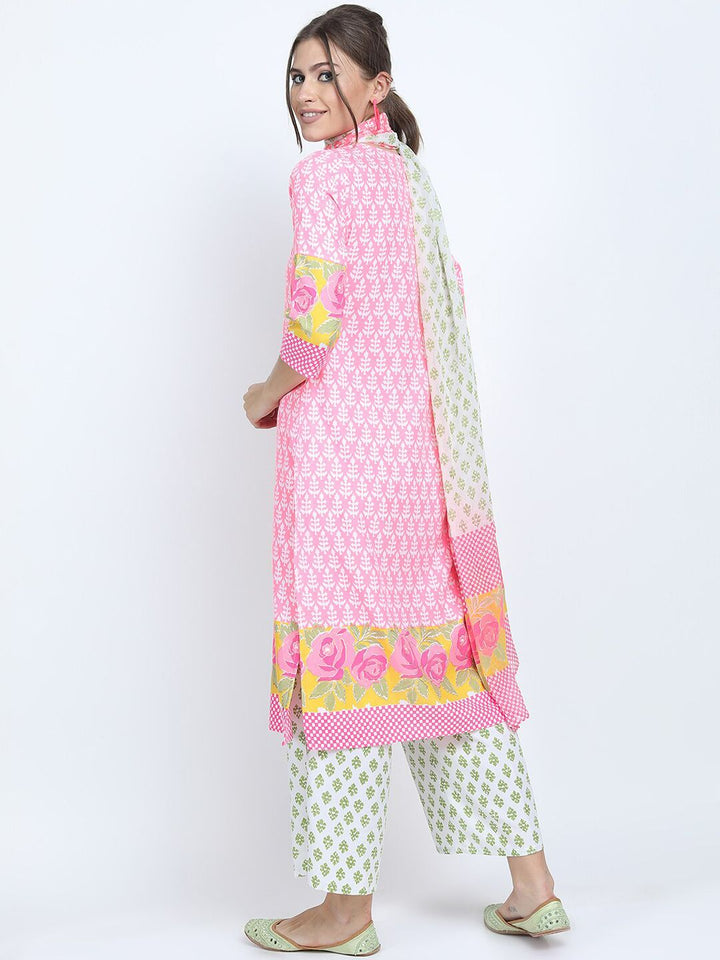 Vishudh Women Pink Floral Yoke Design Cotton Blend Kurta Palazzo With Dupatta