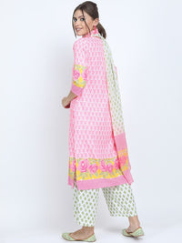 Vishudh Women Pink Floral Yoke Design Cotton Blend Kurta Palazzo With Dupatta