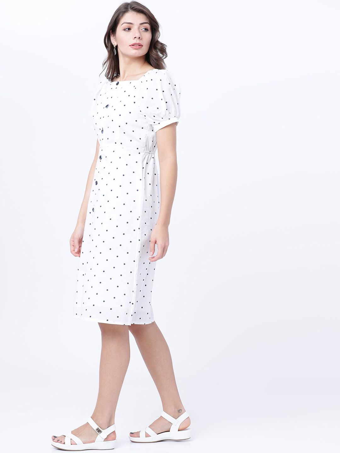Pakaian A-Line Bercetak Polka Dot Putih Tokyo Talkies Wanita