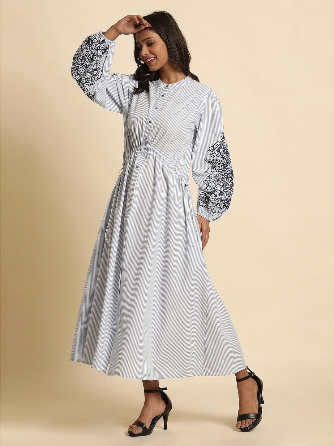 W Striped Embroidered Pure Cotton Shirt Style Maxi Dress