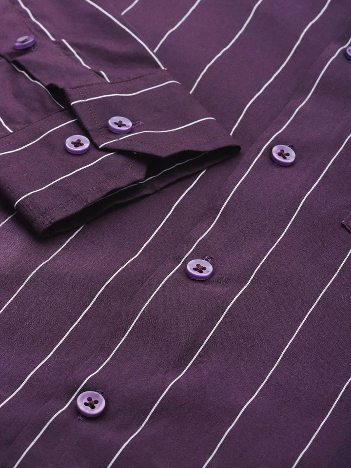 Hancock Men Purple Slim Fit Striped Pure Cotton Formal Shirt